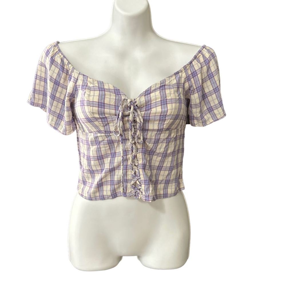 SO Brand Purple and white Plaid Lace-Up crop Top - Size Medium